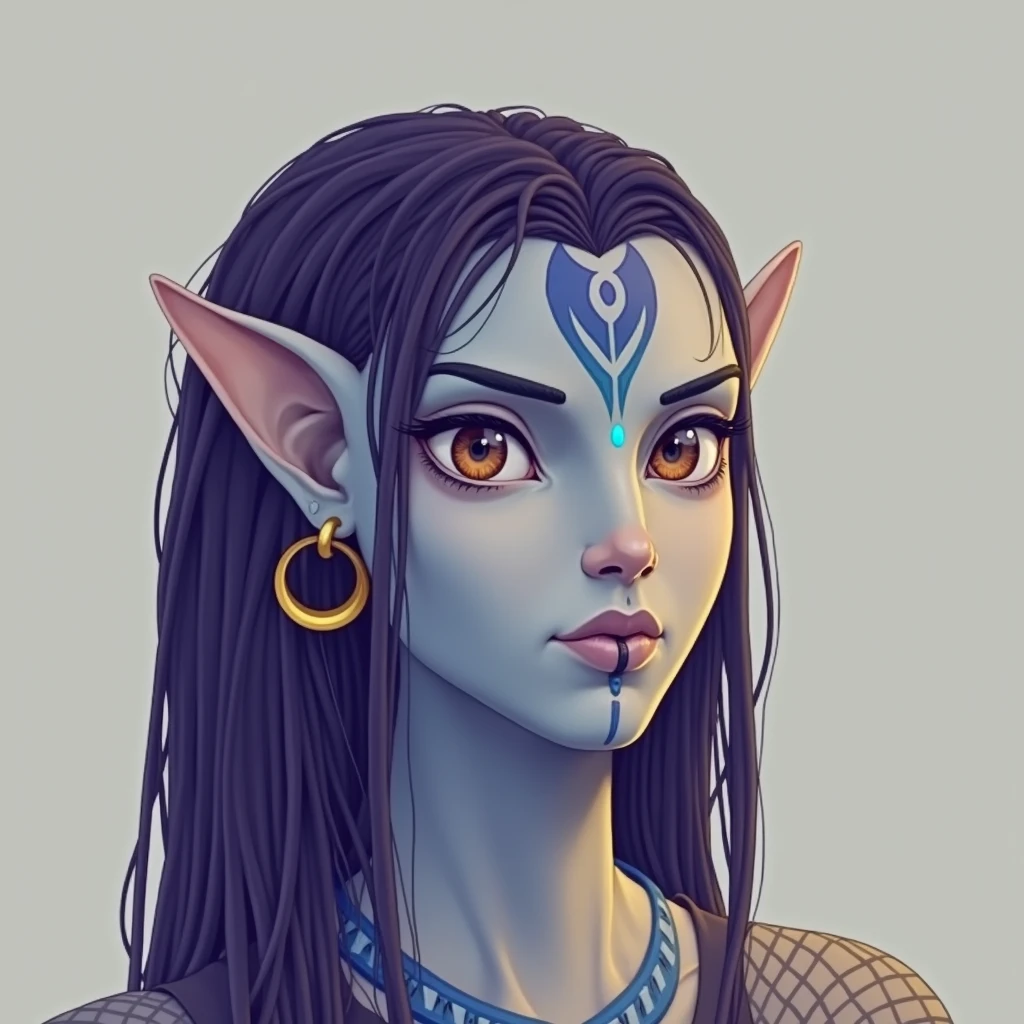 One small, female goblin with greenish yellow skin. Her eyes are gray blue, and she has straight, dark blue hair. She wears a hide style tribal outfit, befitting of a tribal alchemist. It consists of a tribal crop top and a tribal style long skirt with a split in the thigh. The goblin has teal blue tribal paint markings on her arms. She also a tail with dark blue tuff at the end that matches her hair. It has a small pouch attached to it.