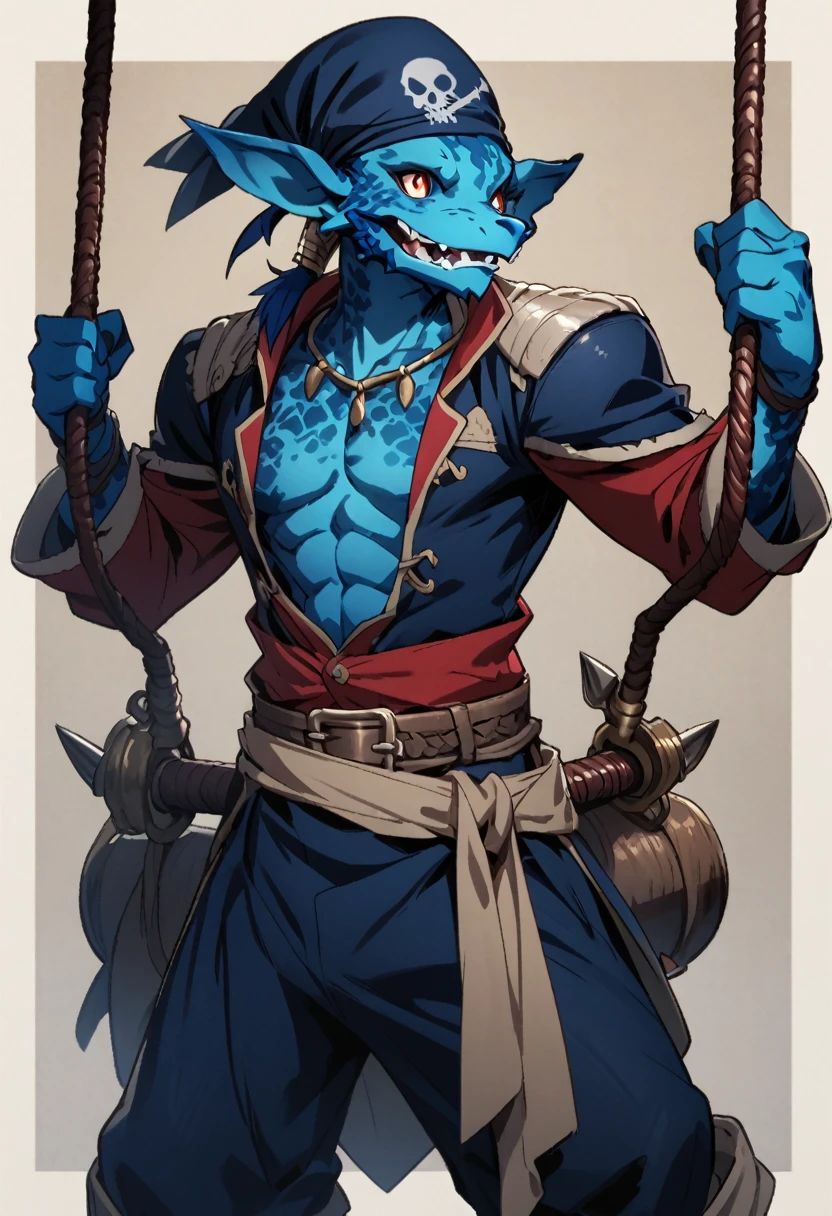  solo male, blue skin, blue scales, (((Kobold)), (detailed kobold)) wearing a adventure equipament , a pirate bandana , swing a saber, character design, 