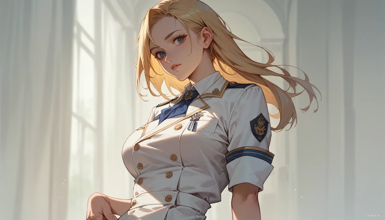 1 chica, cabello blanco corto, pecho grande, uniforme de colegio, piel blanca, chica anime