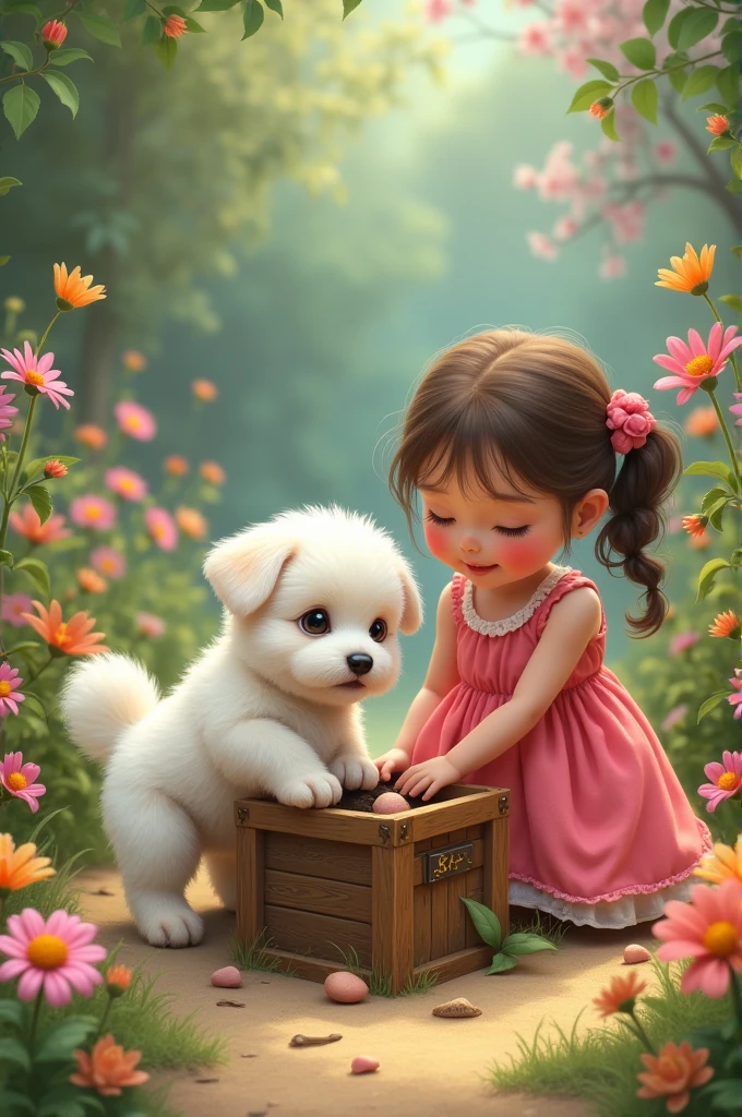 A  girl, beautiful a small puppy, bidding, Idyllic, magic scene, beautiful room , (Best Quality, 4k, 8k, High resolution, masterpiece:1.2), ultra detailed, (realist, photorealist, photo-realist:1.37), warm lighting, vibrant colors, soft focus, Fairy tale, dreamer, cozy, adorable, Beautiful, Capricious, fancy, charming, sereno, peaceful, innocent, comforting, Imaginative