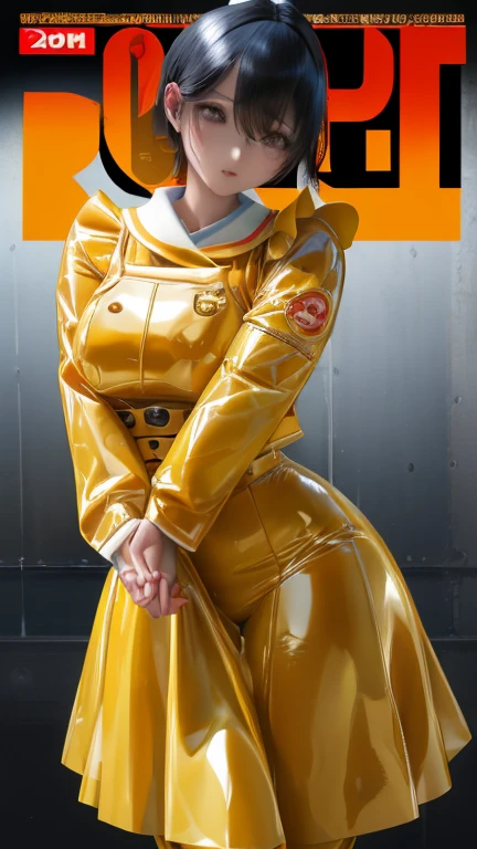    Cover comic magazine:1.6) , (disorganized:1.3), (highest quality:1.3),(perfect anatomy),(detailed face),(masterpiece,Highest quality,超A high resolution),Japanese women, (((Very beautiful 2 girl))),(Yellow latex maid outfit)、Yellow latex long skirt、(Yellow latex long sleeve shirt)、Yellow latex long gloves、Yellow latex socks、The clothes fit snugly to the body、Latex is very shiny、Dark Room