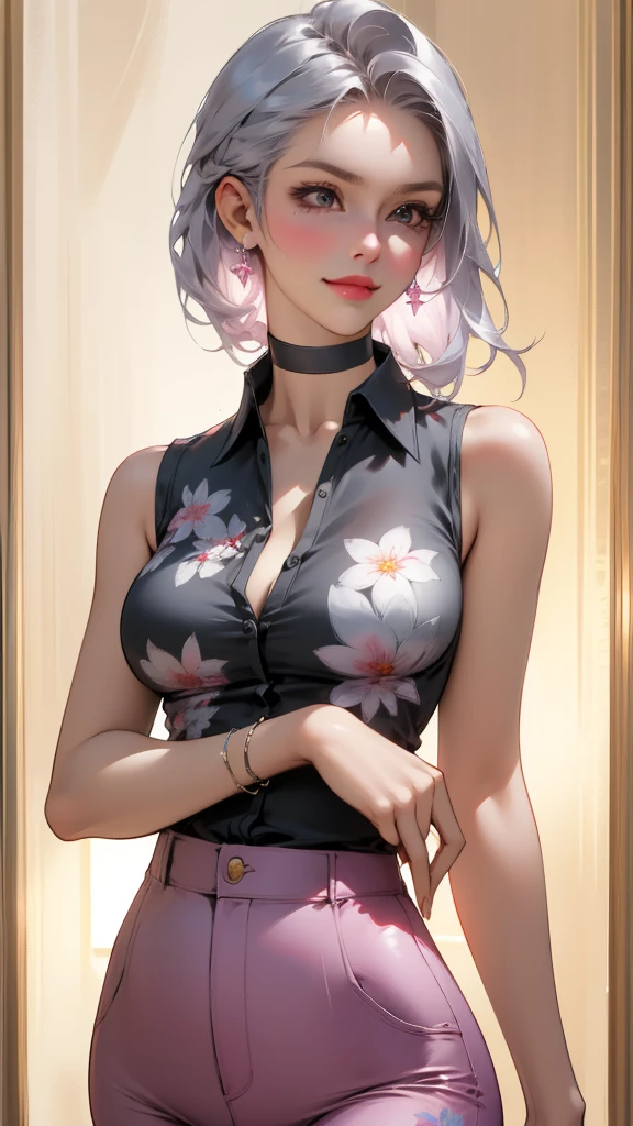 ((best quality, masterpiece)), detailed, realistic, 1woman, cool, fancy ((sleeveless)) short floral print shirt unbuttoned, (American armhole), stylish pants, choker, long stylish platinum silver hair, dark shades, smug smile round premium breasts , sexy breasts , amazing boobies