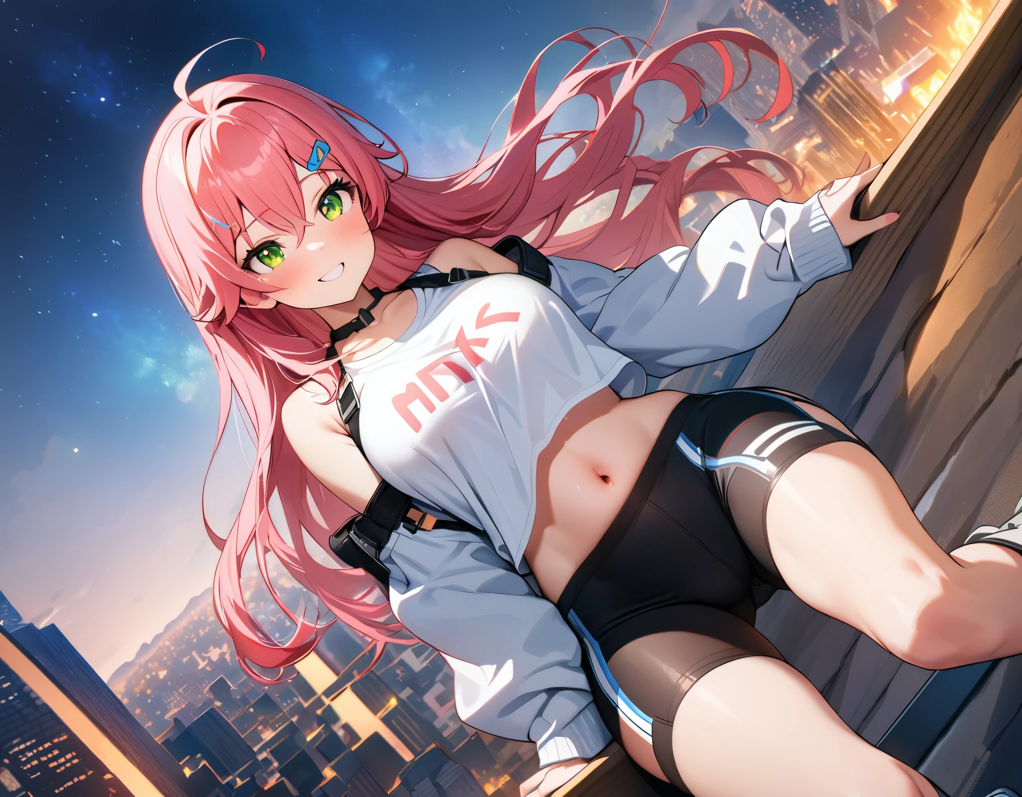 (8k、Best image quality、highest quality、masterpiece)、Detailed face、 1teen_girl、pink Hair、Long Hair、green_eyes、smile,(navel_peek)、(large_breasts),(White_short_T-shirt:1.5)、Off the shoulder、Black shoulder straps、(bike_shorts)、City Background, starry_sky_landscape ,sakura_miko,hololive,(covered_nipples:0.3),solo,stargaze,girl_looking_up_sky,shoot_boots,