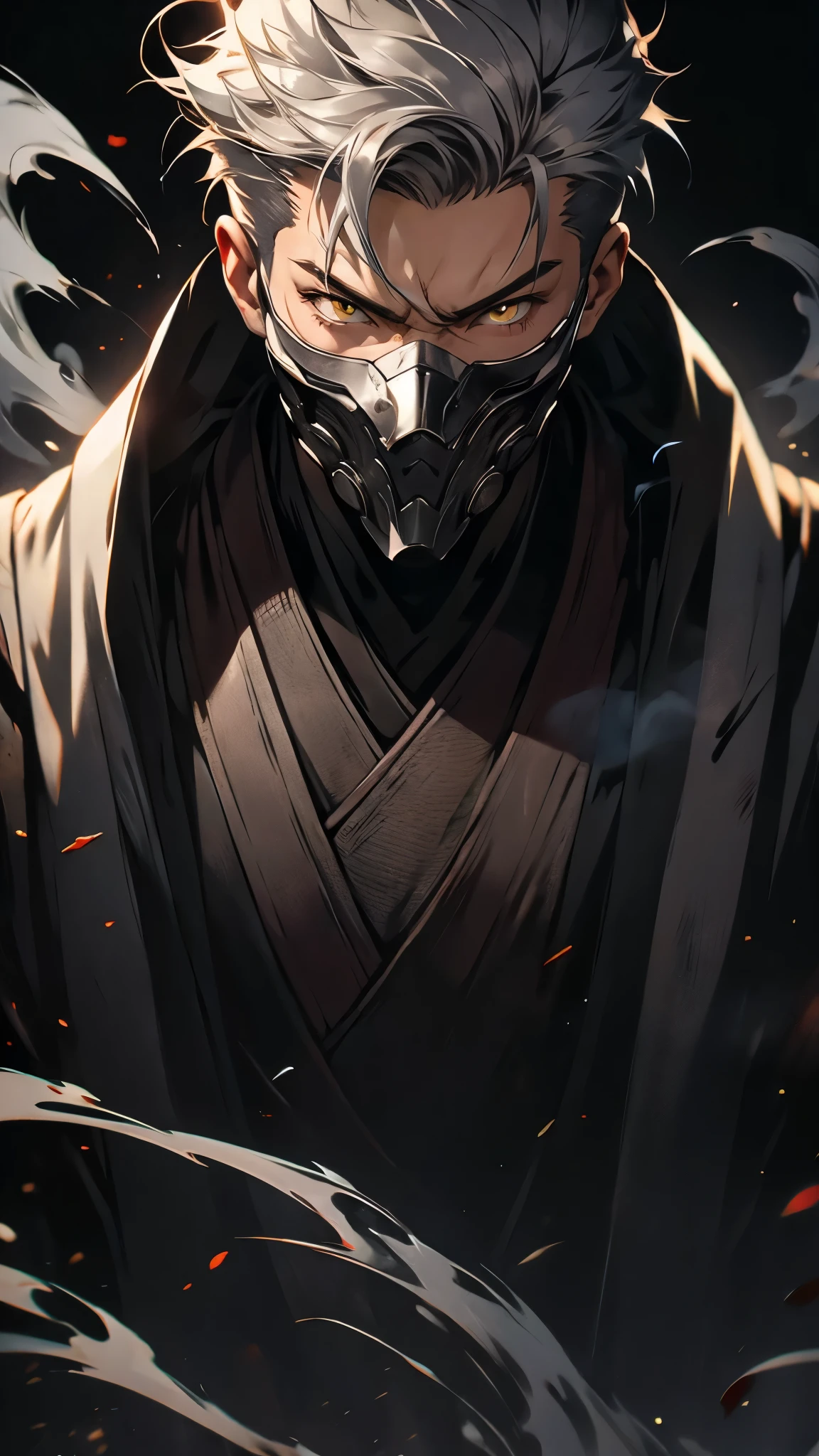 envision a 8k, highres, cinematic, detailed, close up portrait of a sharp boy, slender muscular body, slender face, sleek gray hair, yellow eyes, wide confident smile, gray ninja robes, gray samurai armor, mortal kombat design, smoke effects, ninja blades, ninja mask , (((1boy))), in dark lighting, against a dark background