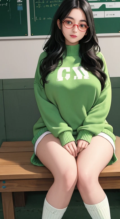 1 young 1 girl, long wavy black hair, big round eyeglasses, thin lips, round face, wearing a "Green" oversized sweater covering her thighs, large breasts, wide hips, thick thighs, striped ballet socks up to the thighs, red sporty sneakers, sitting in the bleachers of an athletics field, anatomically correct, precise, masterpiece, super detailed