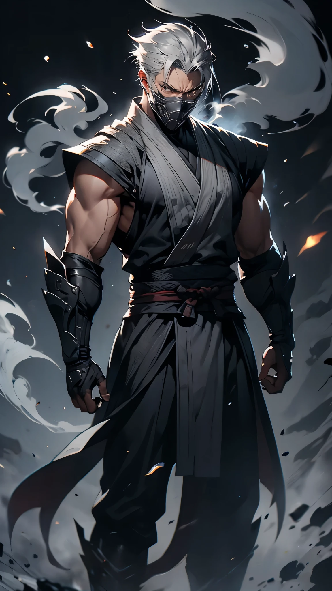 envision a 8k, highres, cinematic, detailed, full body pinup of a sharp boy, slender muscular body, slender face, sleek gray hair, yellow eyes, wide confident smile, gray ninja robes, gray samurai armor, mortal kombat design, smoke effects, ninja blades, ninja mask , (((1boy))), in dark lighting, against a dark background