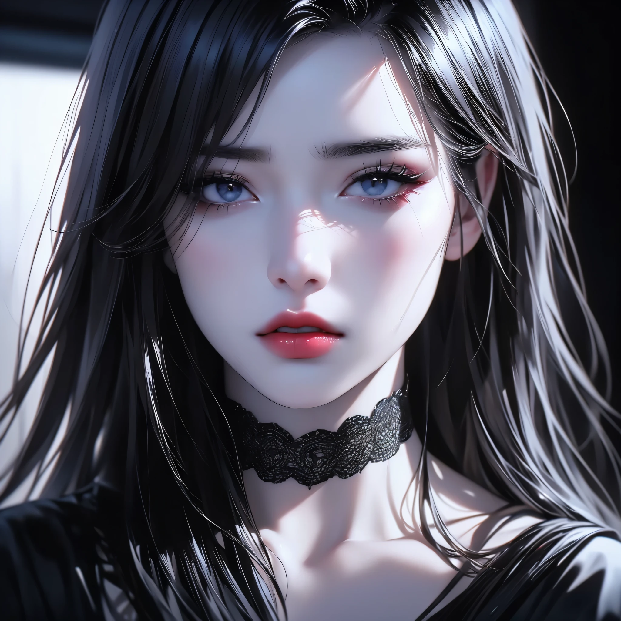 a young girl, intricate ink drawing, black and white color scheme, ultra-detailed 8k HDR cinematic ink animation, paradoxical orthodoxy of the red line, dramatic lighting, (best quality,8k,highres,masterpiece:1.2),ultra-detailed,(realistic,photorealistic,photo-realistic:1.37),video game art style, liquid ink drawing, UHD HDR VFX, black vine color scheme, blurry foreground, blurry background, solo, motion blur, choker, lips, chromatic aberration, makeup, looking at viewer, realistic, red lips