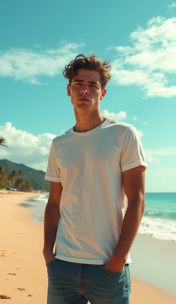 Young handsome skinny white tall man on the beach coconut in hand