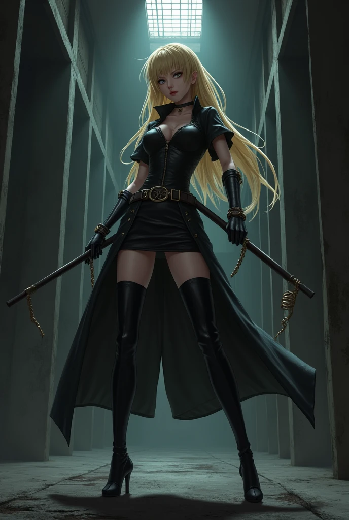 masterpiece, Superior image quality, High resolution, 4k image, 1 young blonde girl of 15 years, standing, {Alone},{{{vagina}}}, big breasts, beautiful face, long black hair, blue eyes, very detailed eyes, seductive expression, draw smile, choker:1.6, (long sleeve white collar buttoned shirt), black gloves, gloves covering hands, (wielding a sword with the right hand), (black leather corset), (shiny black leggings), (Black leather boots), sensual lips , show details in the eyes, view from front, looking at the viewer, Dark forest, at night, atmosphere, fog