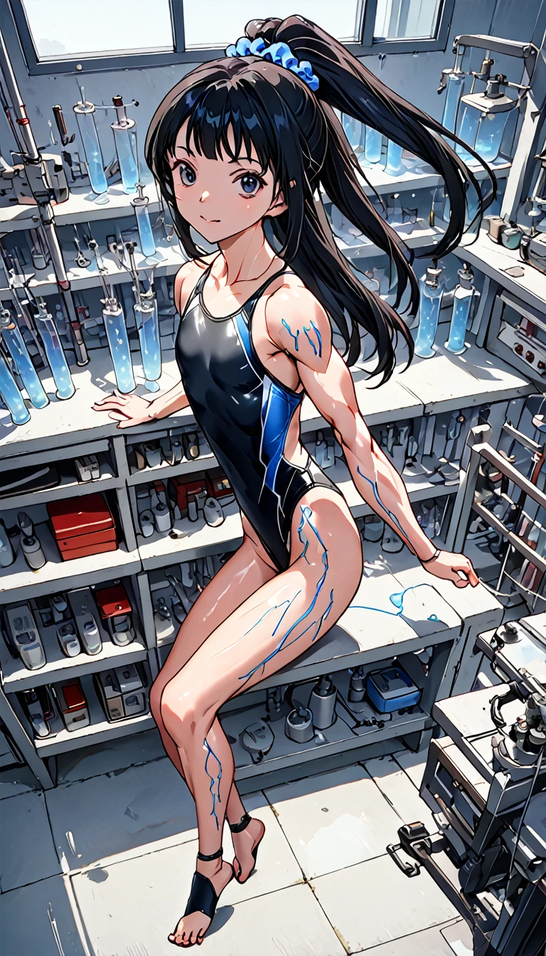 1girl, solo, anime style, 4k quality, masterpiece, best quality, young , cute, yui, long hair, blunt bangs, hime cut, black hair, long hair, high ponytail, hair scrunchie, black eyes, flat chest, bare legs, Fingerness Gloves, black ankle support, toeless legwear, muscular, muscular female, Female Bodybuilding Style, bodybuilder, muscular, hyper muscles, muscular abs, muscular arms, muscular legs, muscular neck, muscular pecs, muscular shoulders, muscular thighs, shiny skin, tsuchimiya, competition swimsuit, one-piece swimsuit, black one-piece swimsuit, highleg swimsuit , skin tight, shiny clothes, no pants, full body, smile, closed, mouth, sitting, from side, (injection tubes:1.2), (injection tubes connecting to arms legs and shoulders:1.1), glowing blue tubes, tubes piercing body, tube sockets on skin, steaming body, veins, trembling body, tubes piercing shoulders, tubes piercing arms, tubes piercing legs, negative_hand, easynegative, wide shot, laboratory, Science Fiction