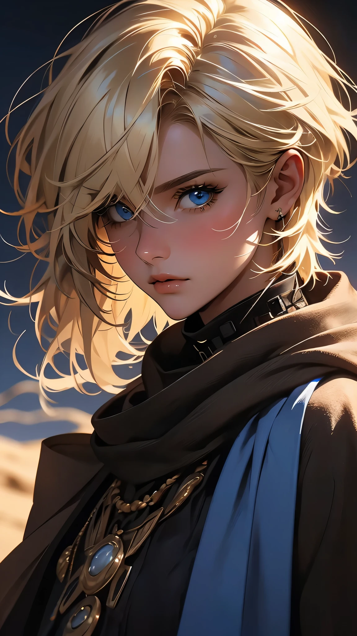 envision a 8k, highres, cinematic, beautiful close up portrait of a lady with a slender muscular body, strong face, strong mature older face, ((tan skin)), (((choppy blonde hair))), blue hair, multicolored hair, side locks, long bangs, blue eyes, desert shirt, desert gear, desert scarf, dune gear, ((((1girl)))), in dark lighting, against a dark gray background