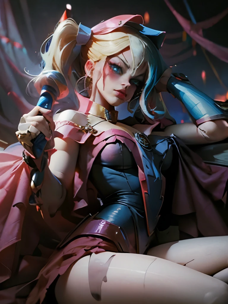 Dark magician Gils dressed as Harley Quinn. She has blonde and black hair. blue eyes. red lips. Dark magician girl is dressed as Harley Quinn. Sensual and innocent pose. Circus and magic background.