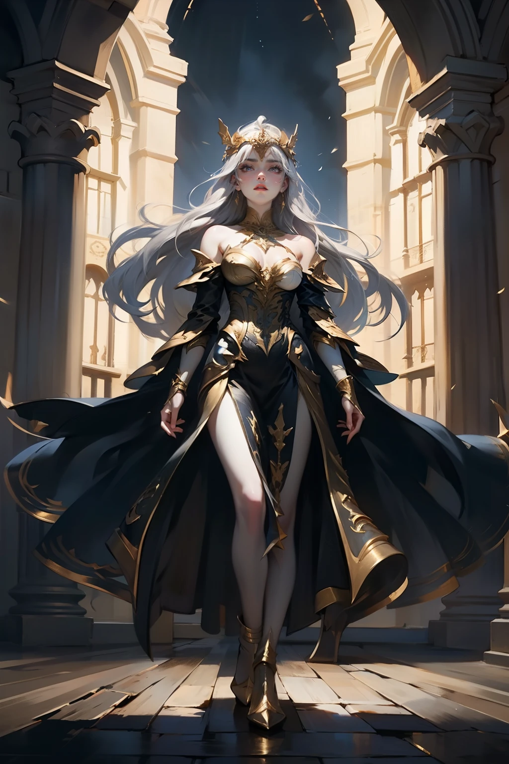 1 girl, adult woman, Alone, g0ld3mb, silver hair, long hair, windy, (golden aura magic), detailed face, beautiful face, detailed eye, , melancholic, a faraway look, circlet, regal, dress, light and darkness, Castle roof, wide view, full body, perfect anatomy 