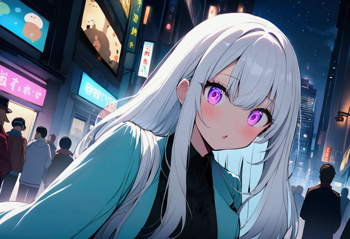 A girl standing in the park at night，Clear sky in the background. Park benches and soft lighting, Rear photo, (Side photography), looking back at the viewer, (Masterpiece), ((Ultra-detailed)), (Highly detailed), (Expressionless), (Best quality: 1.2), 8K, hdr, A high resolution, absurderes: 1.2, Object perspective, Blurred background, Bokeh: 1.1, Lens flare, (vivd colour: 1.2), High quality texture, Detailed texture, High-quality lighting and shadows, a face with perfect proportion, full bodyesbian, Mature and excited body, Detailed skin texture, vibrant, pale and radiant skin, natural saggy breasts, gigantic bosom: 1.5, High waist, Narrow waist: 1.3, Wide hips, Full buttocks, Detailed beautiful face, (PureErosFace_V1:1.3)(Ulzzang-6500:0.4) Detailed beautiful eyes, Symmetrical eyes, Perfect eyes, Seductive eyes, Beautiful nose, High nose, Clear blush, Detailed lips, Earrings, hoop earings, necklace, jewelry, Sapphire heart necklace, Silver-toned high-heeled sandals, Seductive expression, Smile, Perfect hands, Delicate and beautiful fingers, Detailed beautiful legs, photo-realistic hair, detailed hairs, (Silver dress, Red dress, Blue dress), Chisato Nishiki, Short hair, Blonde hair, (Red eyes: 1.5), Hair ribbon, Bob cut, Red hair ribbon,)，gigantic cleavage breasts，Japan goddess，blush，