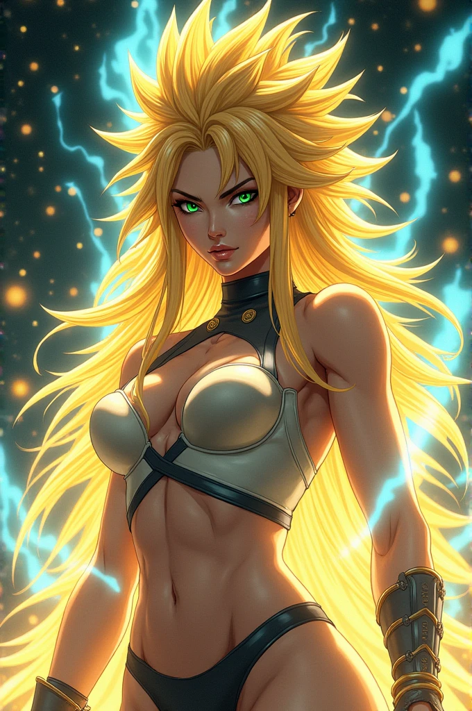 (masterpiece, best quality), professional art, 4k, (complex alien planet background, sky:1.35), alien beach, green ocean, trees, rocks, detailed hair, detailed face, (purple makeup:1.1), (young female, 19 years old:1.1), (small Breasts:1.4), (fit body: 1.1), ((Solo, 1girl)), muscular Weiss Schnee with monkey tail, ((weissvale)), weissvale with ponytail, ((yellow colored hair:1.2)), ((yellow colored monkey tail:1.4)), jewelry, necklace, (green colored eyes:1.3), super saiyan, ((weiss having monkey tail)), weiss is covered in water, soft lineart, thick lineart, muscular weissvale powering up, aura of power, electricity.