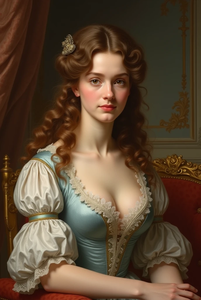 In the style of Peter Paul Rubens, this oil painting presents a Rubenesque woman, her figure wrapped in sumptuous burgundy and gold fabrics that highlight her creamy, soft skin. Her auburn hair falls in relaxed curls, surrounding her serene, radiant face, touched by a hint of blush. The background is filled with deep, dramatic colors and intricate details, which serve to elevate her luminous presence and the luxurious texture of the scene.