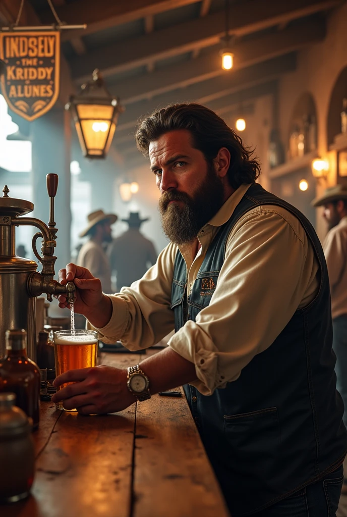 Drunk cowboy with many bottles of whiskey lying on the bar table