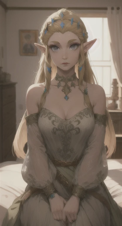 a beautiful blonde woman with elf ears and freckles with braids, a beautiful jeweled necklace, realistic portrait, detailed face, detailed eyes, detailed lips, detailed and sensual body, large breasts ((with cleavage)), hourglass waist, super detailed , highly detailed, photorealistic, 8k, intricate details, cinematic lighting, dramatic lighting, warm color tones, fantasy character, magical, ethereal
