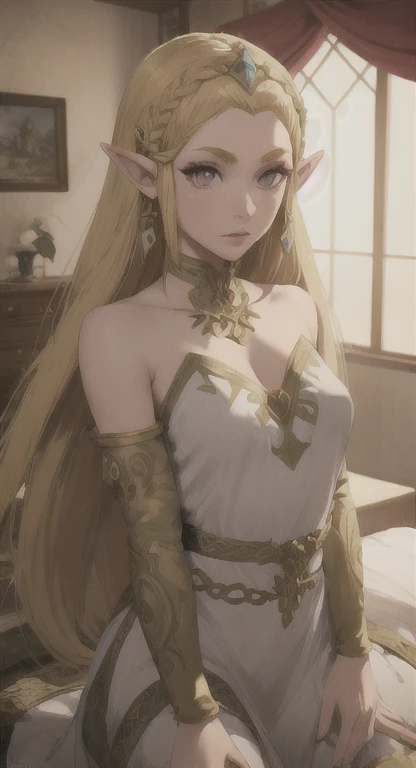 1girl,(adult,woman:1.6), Bare shoulders, Blonde hair, Blush, bare Breasts, circle of the crone, cleavage, Closed mouth, elf, Green eyes, head wreath, large breasts, laurel crown, Long hair, view the viewer, O-ring, O-ring top, Pointy ears, Simple background, Solo, Upper body, White background, White dress,celestine lucullus,Realistis,(Shiny skin),(Masterpiece:1.4),(Best quality:1.4),zelda,(collar)(naked:1.2)