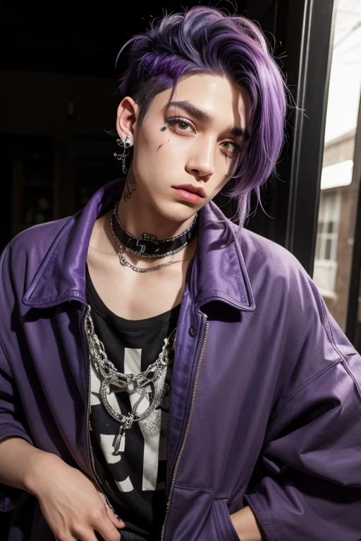 A boy with purple hair and a rocker, oversized clothing with eyebrow piercings, and lips