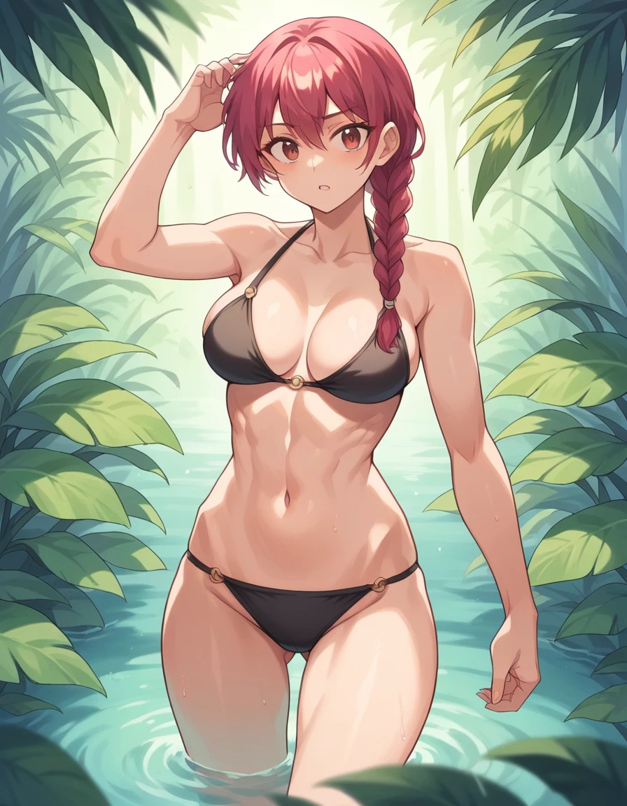 red hair, braided hairstyle, black bikini, fit physique, standing in water, relaxed pose, minimal accessories, natural and smooth skin, tropical outdoor setting with large rocks and lush green plants, wooden structure in the background, evening lighting with soft shadows, warm and serene atmosphere, frontal view, sharp focus on subject, well-balanced exposure.