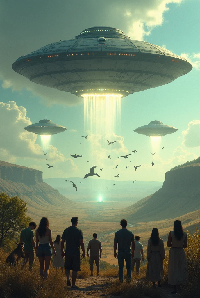 The Zarklons saying goodbye, with their ship rising into the sky as the residents of Arborville greet them.]** 