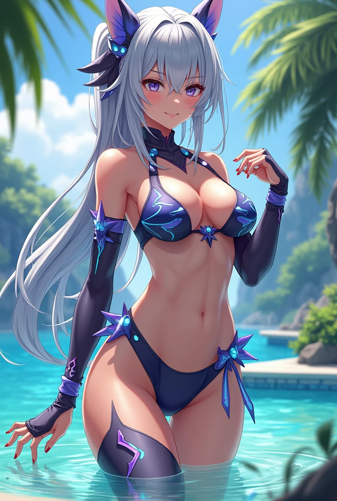 (1 women only), girl, Long white hair, heterochromia (purple left eye, Blue right eye), Cat Ears, inner sideboob, open belly, ((tattoo: inverted "V")), smirk, Cyborg, Masterpiece, High quality Precise and precious intricate details, Light-dark contrast, Rear solar lighting