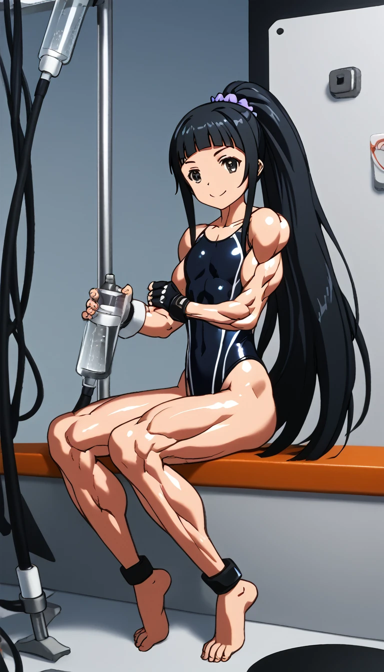 1girl, solo, anime style, 4k quality, masterpiece, best quality, young , cute, yui, long hair, blunt bangs, hime cut, black hair, long hair, high ponytail, hair scrunchie, black eyes, flat chest, bare legs, Fingerness Gloves, black ankle support, toeless legwear, muscular, muscular female, Female Bodybuilding Style, bodybuilder, muscular, hyper muscles, muscular abs, muscular arms, muscular legs, muscular neck, muscular pecs, muscular shoulders, muscular thighs, shiny skin, tsuchimiya, competition swimsuit, one-piece swimsuit, black one-piece swimsuit, highleg swimsuit , skin tight, shiny clothes, no pants, full body, smile, closed, mouth, sitting, from side, (injection tubes:1.2), (injection tubes connecting to arms legs and shoulders:1.1), glowing blue tubes, tubes piercing body, tube sockets on skin, steaming body, veins, trembling body, tubes piercing shoulders, tubes piercing arms, tubes piercing legs, negative_hand, easynegative, wide shot, laboratory, Science Fiction