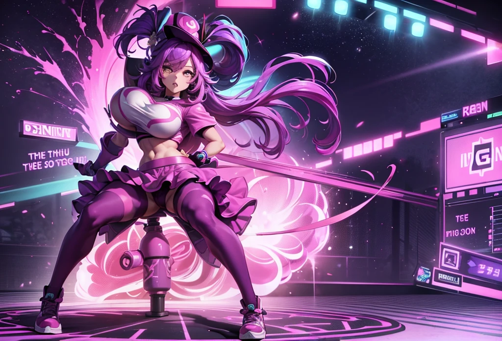 girl, gammer girl costume, big breasts, pink clothes, violet hair, naughty gesture, suggestive pose, violet and cyan graffiti background, splat, high definition, neon lights, full body.