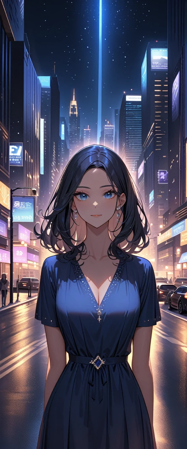 Beautiful American cityscape　Skyscraper　Metropolis　Gorgeous　new york　Downtown　Wide Road　Center Street　A woman is standing　night　Beautiful sky　A row of buildings　Detailed woman　Close-up　Latino Woman　Beautiful lights　Detailed Background