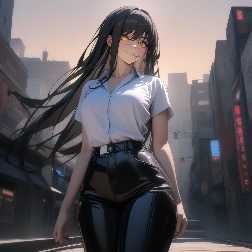 (masterpiece), 1girl, yoru, chainsawman, expressive eyes, perfect face, black hair, long hair, golden eyes, scar, well endowed body, wide hips, detailed eyes, perfect anatomy, ray tracing, UHD, (cinematic:1.2), shirt , pants, (best quality), (ultra detailed), (cimematic lighting) , (very aesthetic), (absurdres), newest, ultra fine, city