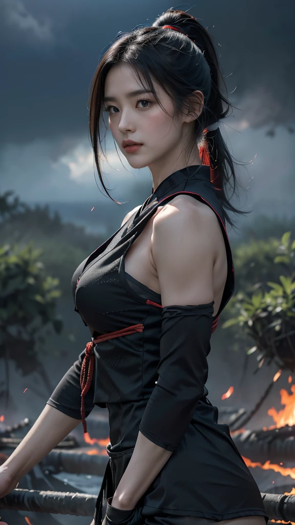 High resolution, 超High resolution, high quality, masterpiece, woman、ninja、Short center-parted bangs、Muscular body、Large Breasts, (((横乳が見える黒いセクシーなninja服)))、Dynamic pose、His face is covered in mud and blood.、((The background is a Japanese battlefield、cloudy、The whole area is a sea of fire))、alone、A tense moment、Walking towards me、Anatomically correct, Textured skin, ayaka,