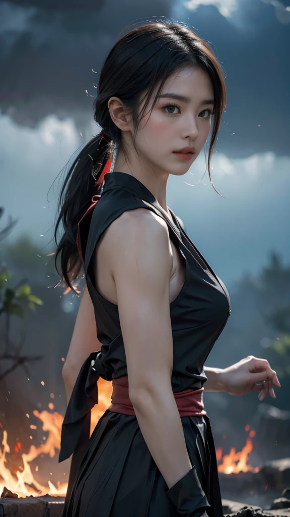 High resolution, 超High resolution, high quality, masterpiece, woman、ninja、Short center-parted bangs、Muscular body、Large Breasts, (((横乳が見える黒いセクシーなninja服)))、Dynamic pose、His face is covered in mud and blood.、((The background is a Japanese battlefield、cloudy、The whole area is a sea of fire))、alone、A tense moment、Walking towards me、Anatomically correct, Textured skin, ayaka,