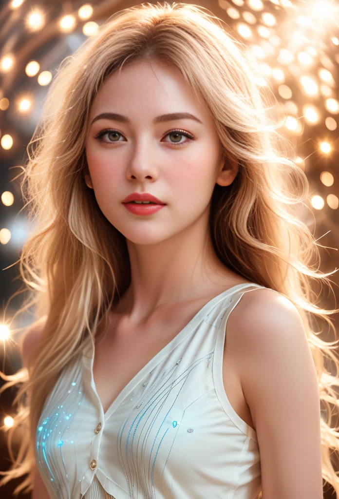 (Woman wearing a sleeveless shirt with white pleated trim, Red pleated skirt), surrealism, A digital way to face reality, (Beautiful face_delicate features, Clear and pale skin), Long blond hair, Objects with gaps, (light의 소녀_ Body line made of transparent luminous body ), (jewel_particle, outline: 1.2), light_line, light, light particle, (girl made of lines of light: 1.3, wearing lines of light), density of lines, (dazzling white blonde hair_Messy thick wavy hair, lines of light), (Best quality, 4K8K, High resolution, masterpiece: 1.2), Very detailed, (More realistic details: 1.37), HDR Ultra High Definition, studio lighting, sharp focus, Physically Based Rendering, Very detailed 설명, professional, Vivid colors,