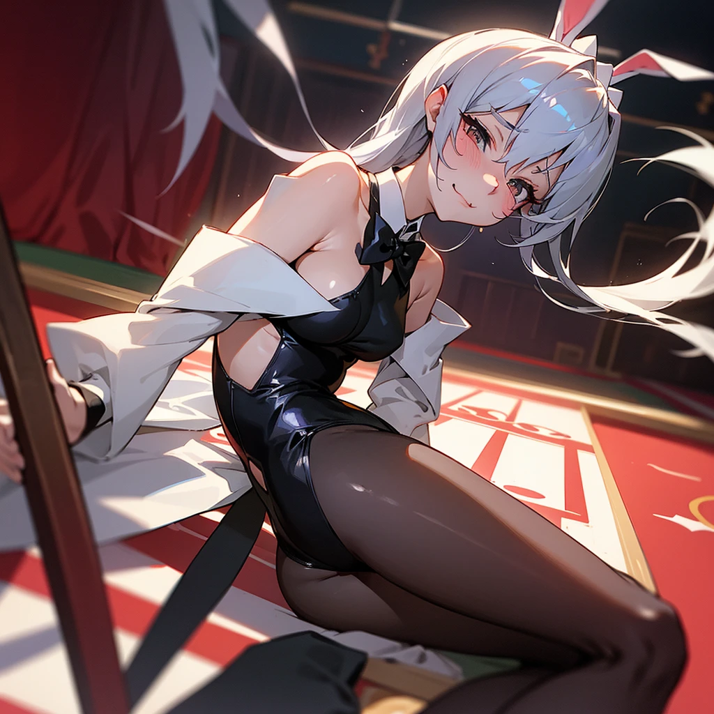 NSFW,masterpiece,Highest quality,High resolution,Very detailed,Frielen\(葬送のFrielen\),Pointed Ears,Green Eyes,Twin tails,very long hair of white color,, Earrings,Playboy Bunny,Black Pantyhose,casino,blush,sake,Serve customers,A large number of people,spanking,Leaning forward,From the side