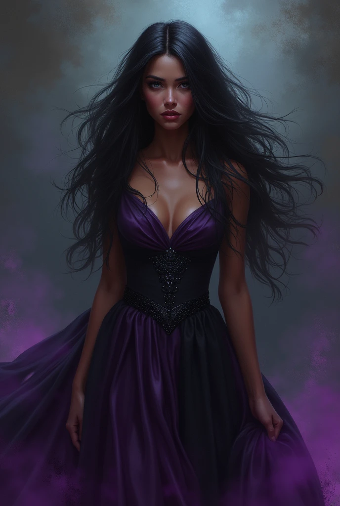 enchantress, skin black, purple and navy blue dress, shining stones