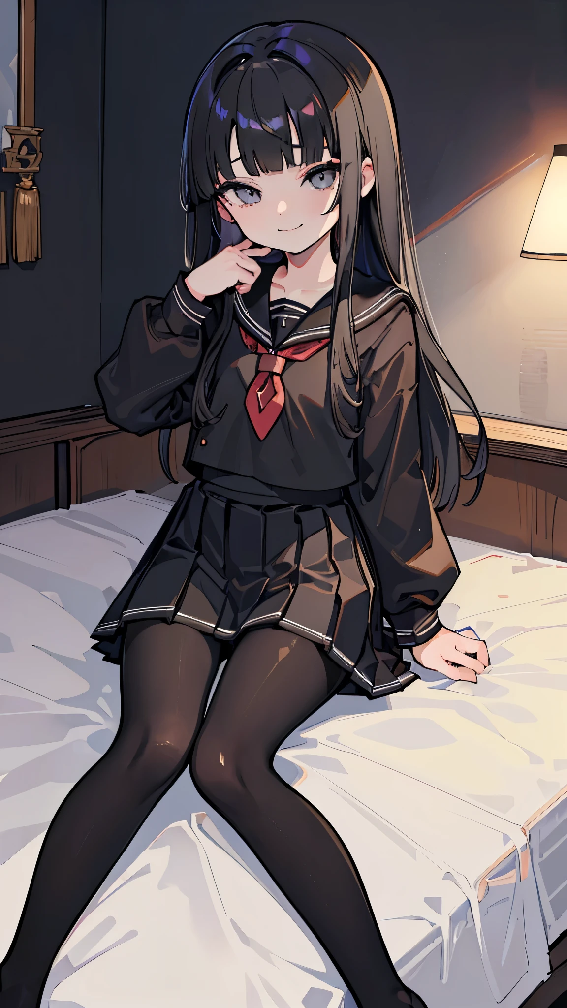 1 Girl,solo,Red eyes,black hair,long hair,pantyhose,skirt,,lying down,,back,Jacket,Uniforms,shirt,looking at the audience,Chest,白shirt,Pleated Skirt,Bow,大腿pantyhose,pantyhose下的,Thigh high,Suit,Long sleeve,blush,有領shirt,No shoes,Bangs,紅色Bow,