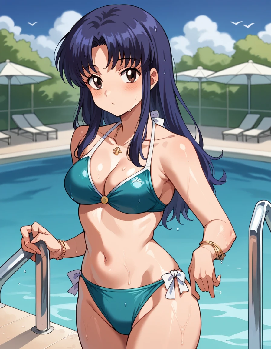 a cartoon image of a woman in a bikini standing in a pool, seductive anime girl, mayuri shiina, fubuki, oppai, marin kitagawa fanart, wet swimsuit, is wearing a swimsuit, misato katsuragi, rei hiroe, swimsuit, blue bikini, hinata hyuga, ecchi, ecchi anime style