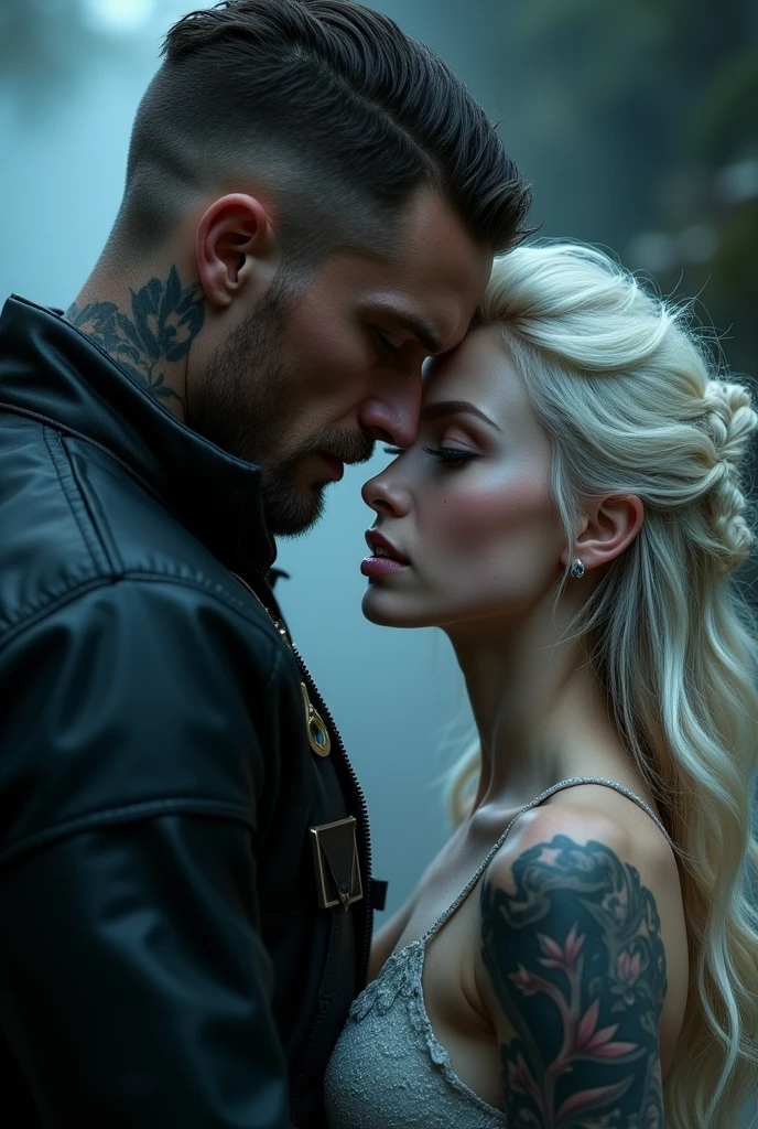 Fifty-year-old man with brown skin and green eyes with forty-year-old blonde woman with brown eyes warrior and tattooed demons
