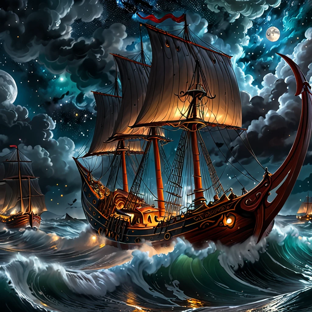 High Resolution, Masterpiece, Best Quality, Detail, High Details, HD, High Quality, Super Detailed, digital painting, digital art, digital artwork, tempest, digital painting of a tempest, ocean, night, starry night sky, stars, moon, moonlight, dark, fantasy art, kraken, hydra, sea monsters