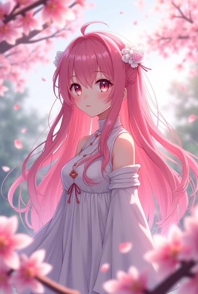 An anime girl with pink hair in a scenery with cherry blossoms - SeaArt AI