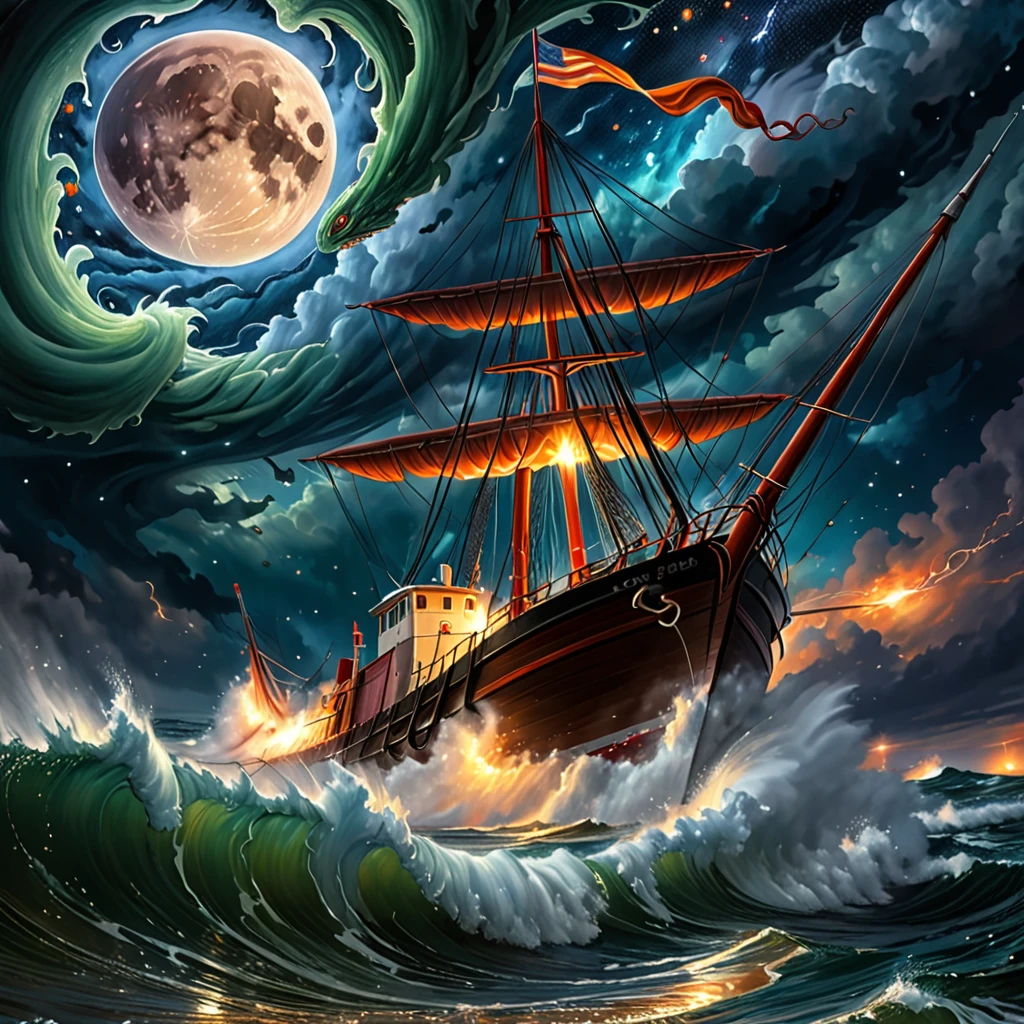 High Resolution, Masterpiece, Best Quality, Detail, High Details, HD, High Quality, Super Detailed, digital painting, digital art, digital artwork, tempest, digital painting of a tempest, ocean, night, starry night sky, stars, moon, moonlight, dark, fantasy art, kraken, hydra, sea monsters, just a tempest