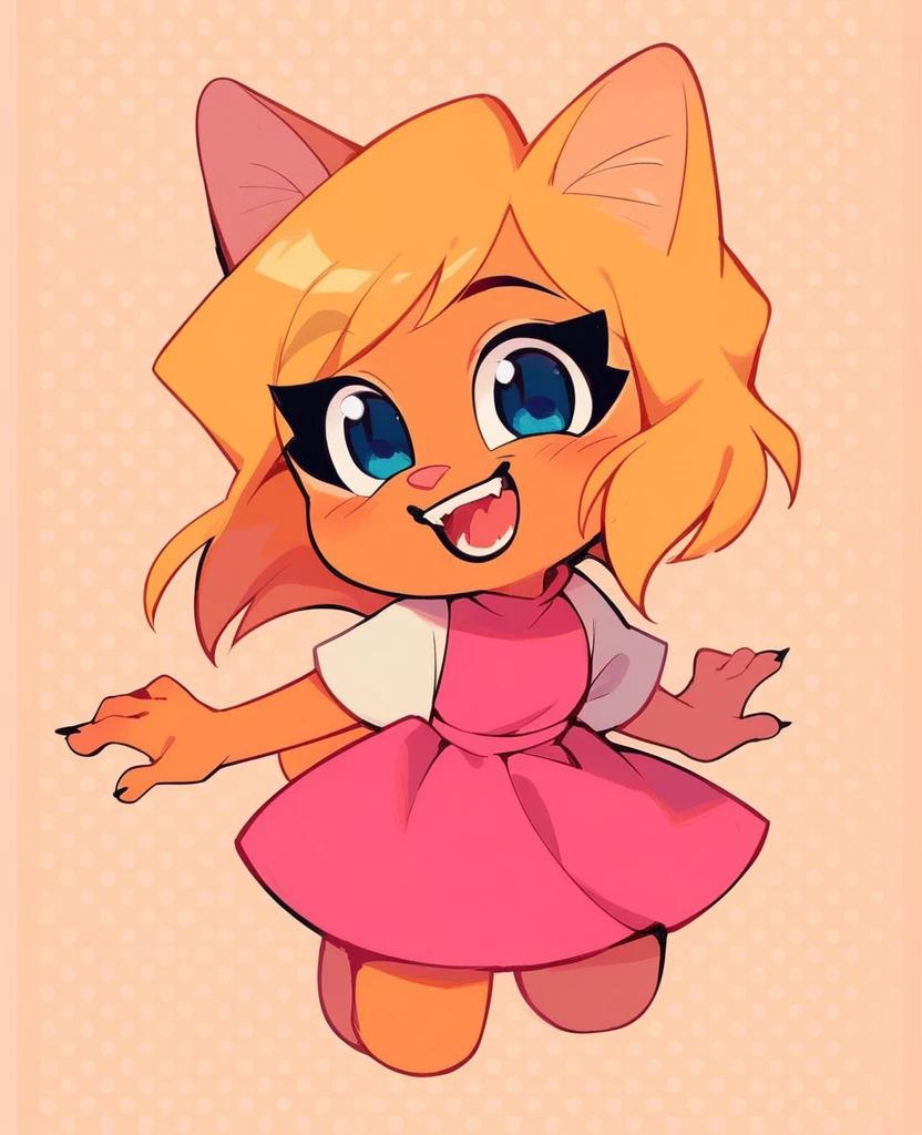 little fox, kid girlfox, blonde hair, ginger fur, blue eyes, cute kid, alone, face similar to Diane Foxington, kid, short hair, pink dress, black makeup, open mounth, happy, alone