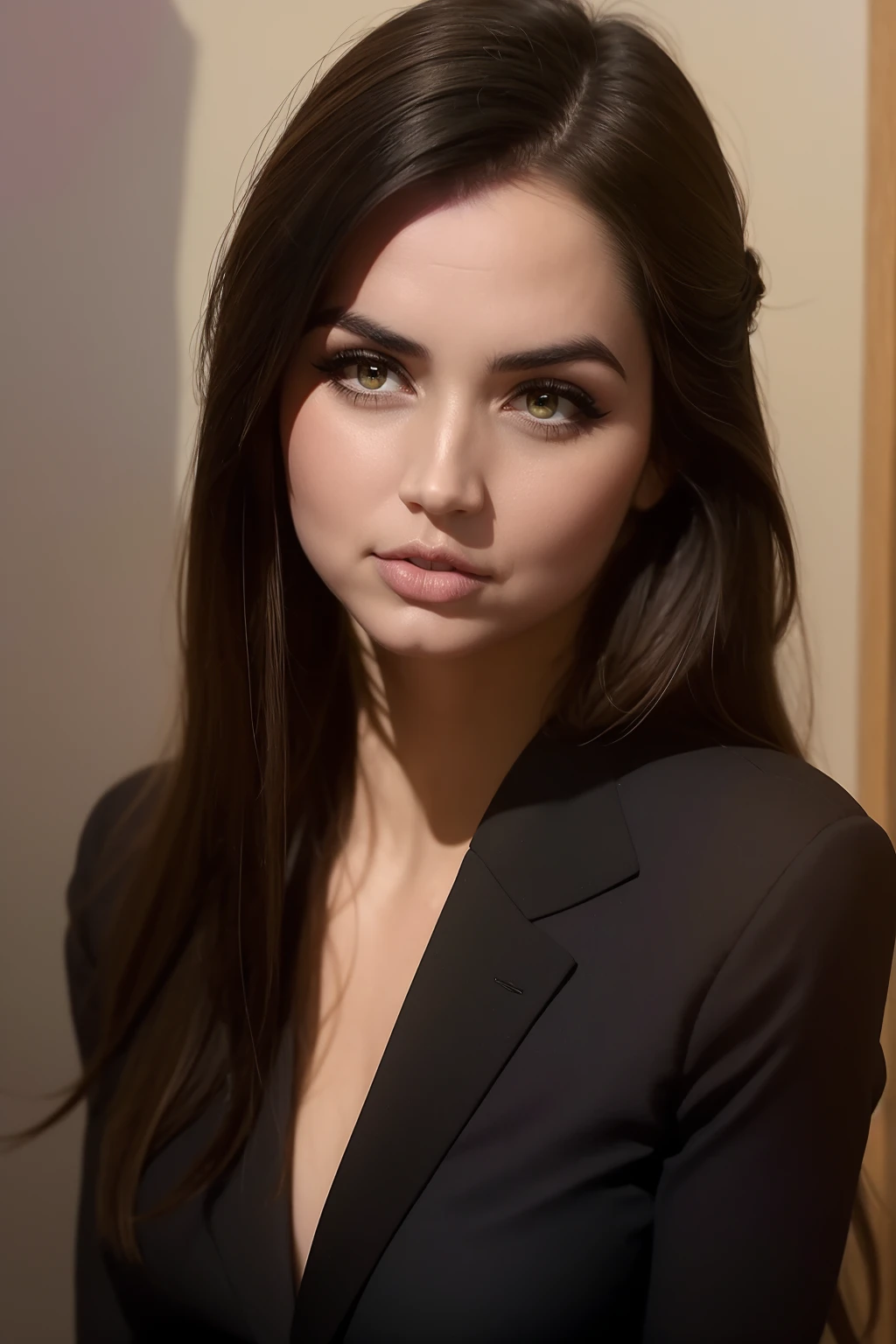 (hyper detailed masterful traditional oil painting of a woman) wearing a black suit, medium body, (dark shadows), (visible brushstrokes:1.2), ((atmospheric haze)), limited palette, low key, highly dramatic lighting, long hair, (straight hair:1.2)