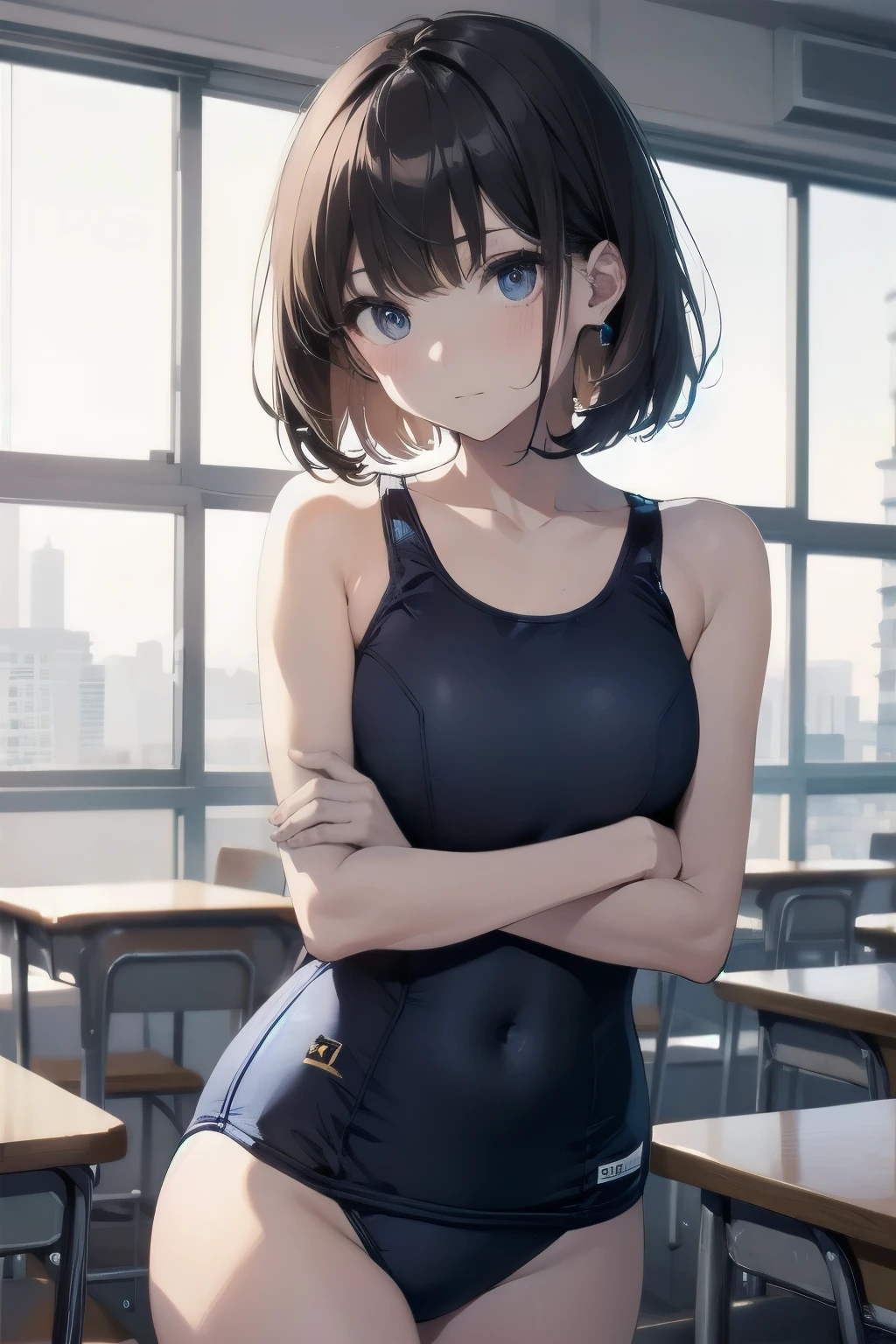 top-quality、Full limbs、complete fingers、Slender beauty、ssmile、Wearing a school swimsuit、darkened room、Lean forward and look at me、Put your hands on your buttocks、Raking up your hair