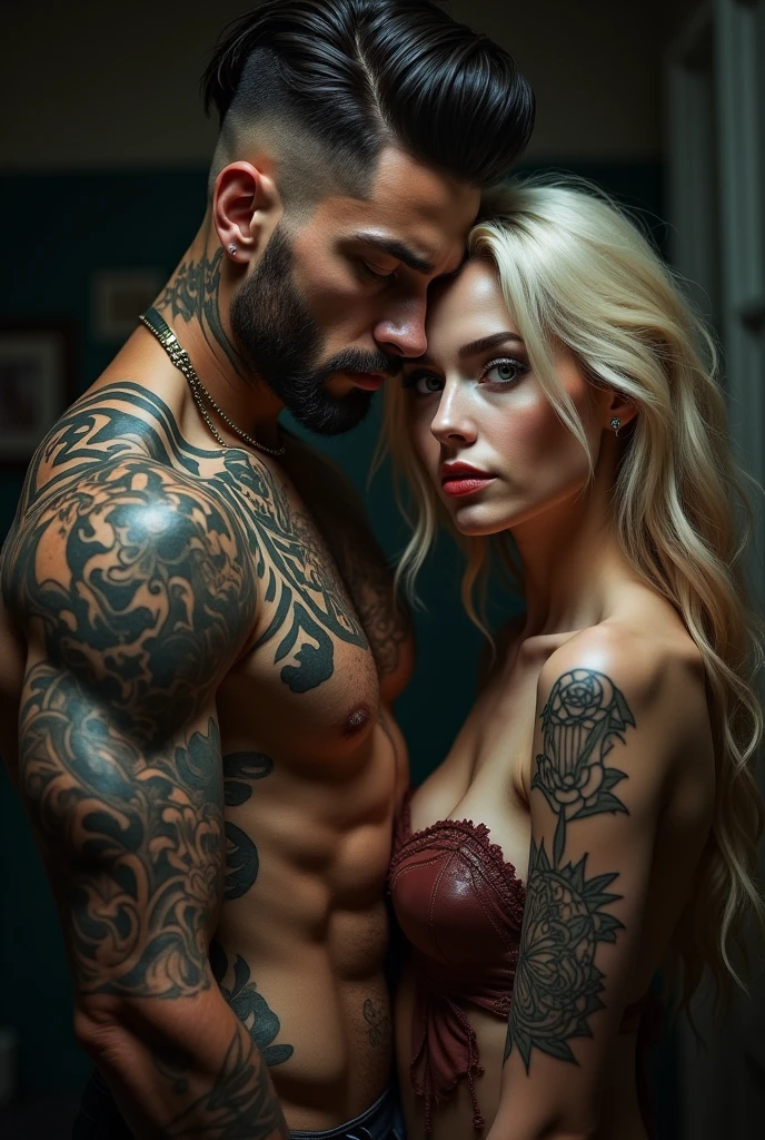 couple, 1man, 1girl, she blonde, blue eyes, long hair, wearing micro denim shorts and white BREAK bustier couple, 1man, 1girl, him hugging around the waist, tall and strong, (short white hair, muscular, beard, Streetwear, cargo pants, necklace)