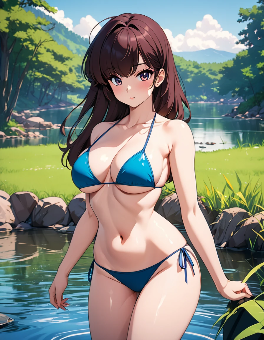 anime girl in a bikini posing in front of a pond, seductive anime girl, attractive anime girl, anime moe artstyle, beautiful alluring anime woman, oppai, realistic bikini, digital anime illustration, swimsuit, anime girl, beautiful anime girl, beautiful anime woman, high quality anime artstyle, detailed digital anime art, ilya kuvshinov landscape