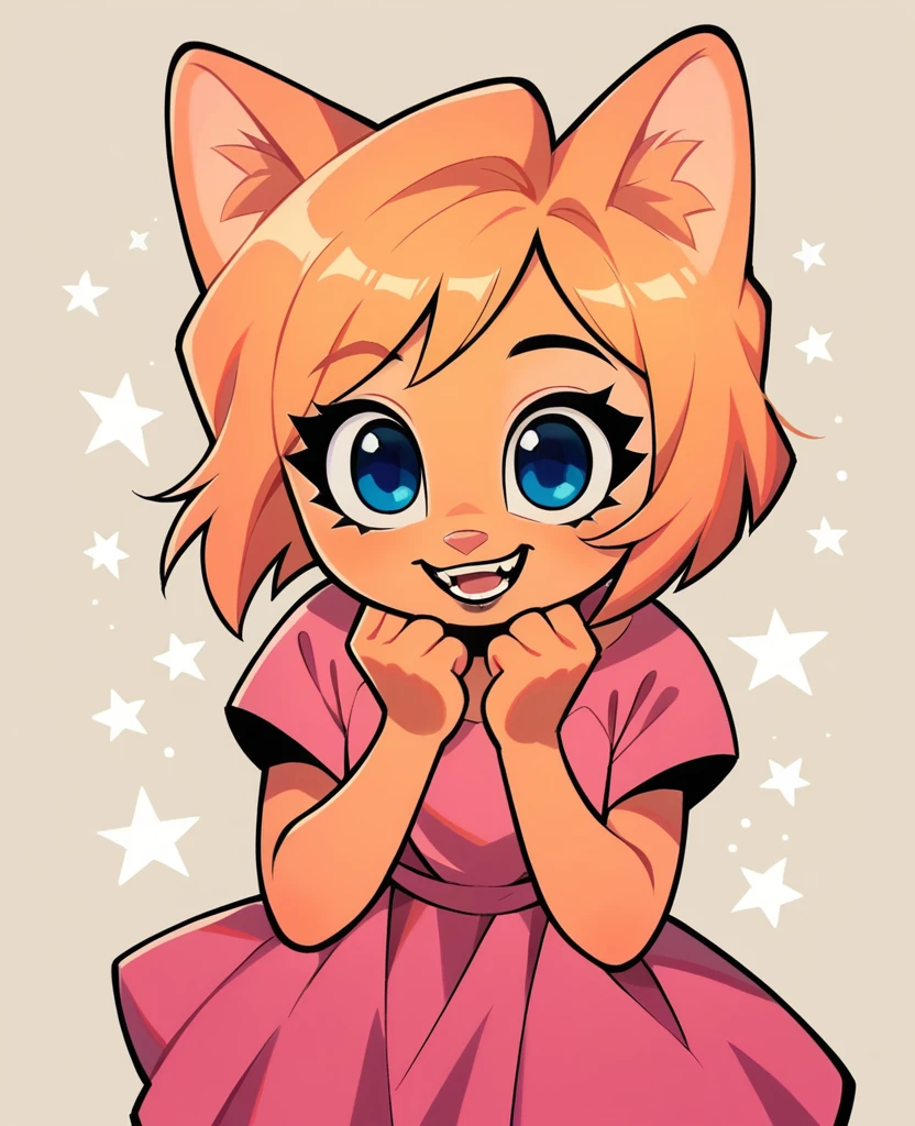 little fox, kid girlfox, blonde hair, ginger fur, blue eyes, cute kid, alone, face similar to Diane Foxington, kid, short hair, pink dress, black makeup, open mounth, happy, alone
