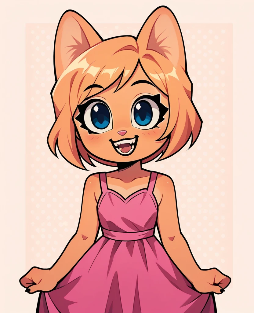 little fox, kid girlfox, blonde hair, ginger fur, blue eyes, cute kid, alone, face similar to Diane Foxington, kid, short hair, pink dress, black makeup, open mounth, happy, alone
