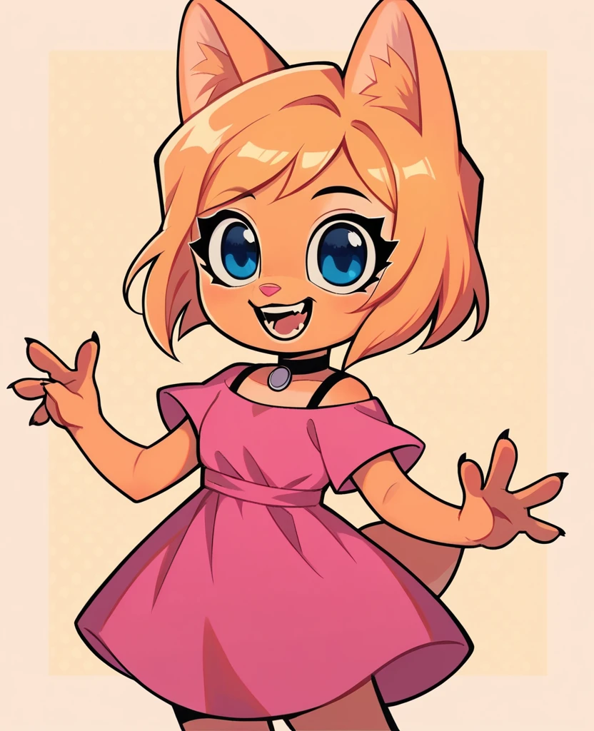 little fox, kid girlfox, blonde hair, ginger fur, blue eyes, cute kid, alone, face similar to Diane Foxington, kid, short hair, pink dress, black makeup, open mounth, happy, alone
